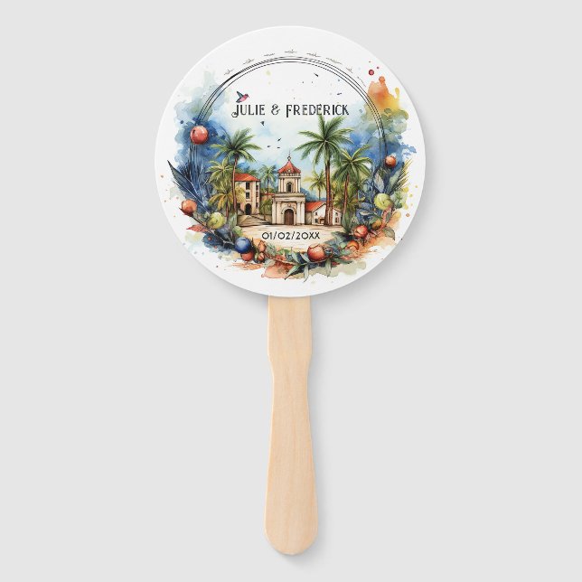 Watercolor Dominican Republic Destination Wedding Hand Fan (Front)