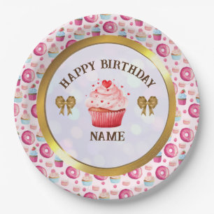 Watercolor Donut and Cupcake Happy Birthday Party Paper Plate