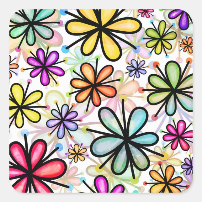 Watercolor Doodle Daisy Flower Pattern Square Sticker (Front)