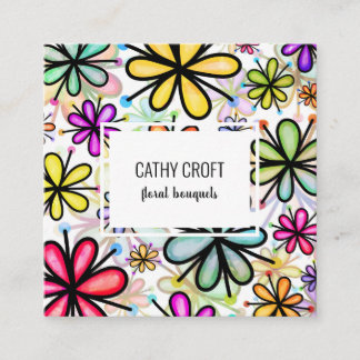 Watercolor Doodle Daisy Flower Pattern Template Sq Square Business Card