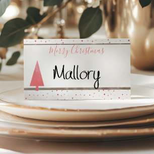 Watercolor Dots & Simple Red Christmas Tree Place Card