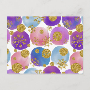Watercolor Dots with Golden Glitters and Snowflake Postcard