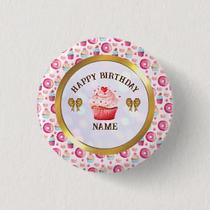 Watercolor Doughnut and Cupcake Happy Birthday Par 1 Inch Round Button