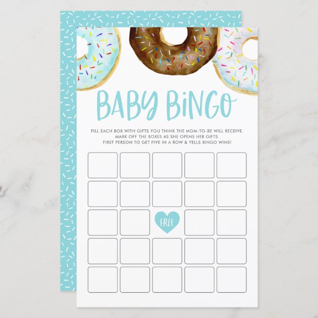 Watercolor Doughnuts Baby Shower Bingo Game Card (Front/Back)