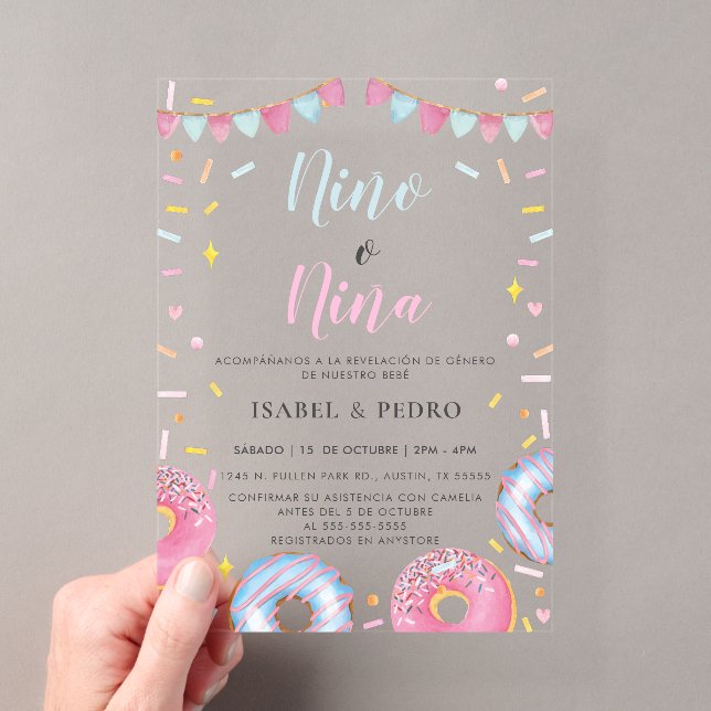 Watercolor Doughnuts & Confetti Spanish Gender Rev Acrylic Invitations (Insitu (Handheld))