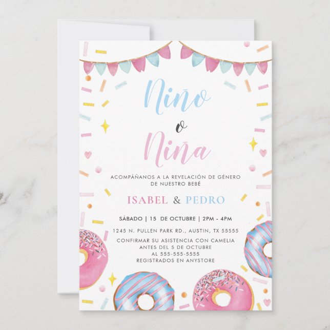 Watercolor Doughnuts & Confetti Spanish Gender Rev Invitation (Front)