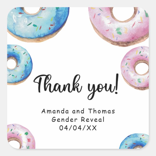 Watercolor doughnuts thank you gender reveal square sticker (Front)
