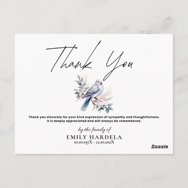 Watercolor Dove Funeral Sympathy Carte de remercie (Dos)