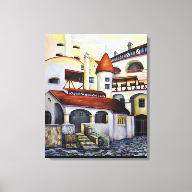Watercolor Dracula Castle Interior Courtyard Canvas Print (Front)