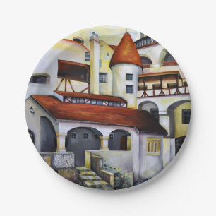 Watercolor Dracula Castle Transylvania Romania Paper Plate