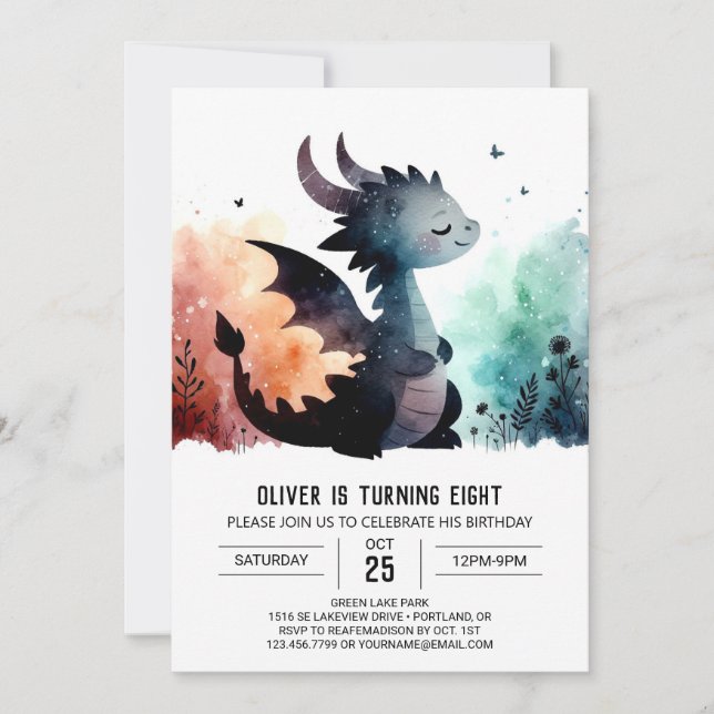 Watercolor Dragon Birthday Editable Invitation (Front)