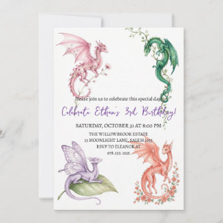 Watercolor dragon birthday invitation