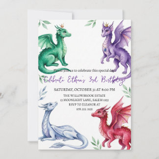 Watercolor dragon birthday invitation