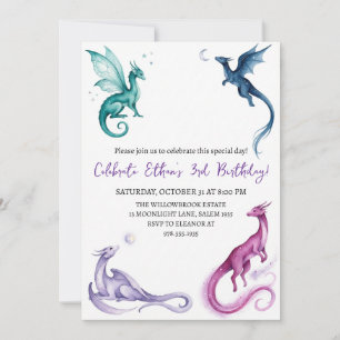 Watercolor dragon birthday invitation