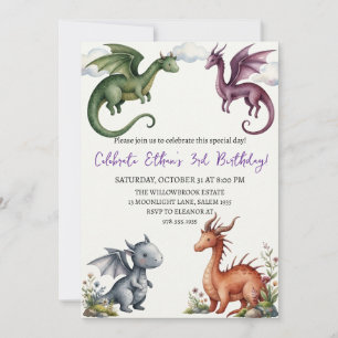 Watercolor dragon birthday invitation