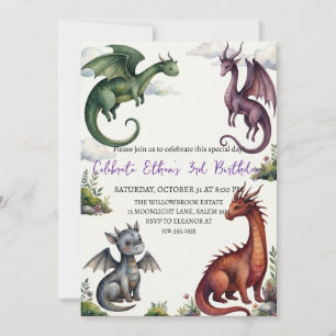 Watercolor dragon birthday invitation