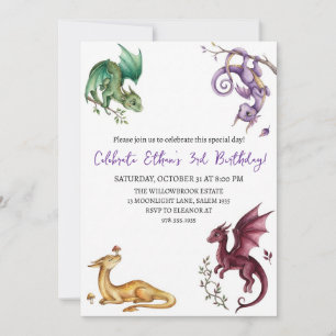 Watercolor dragon birthday invitation