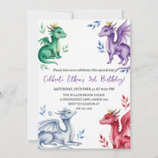 Watercolor dragon birthday invitation