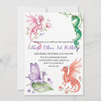 Watercolor dragon birthday invitation