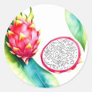 Watercolor Dragon Fruit in Bold Colours on White Classic Round Sticker