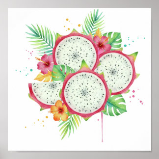 Watercolor Dragon Fruit & Tropical Hibiscus Poster