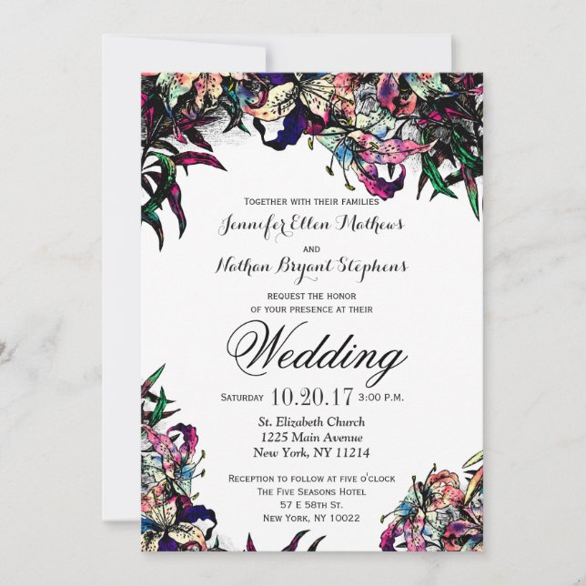 Watercolor Dragon Lilies Wedding Invitations (Front)