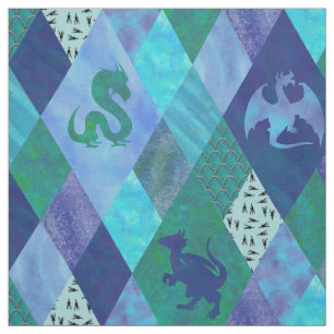 Watercolor Dragon Patchwork Quilt in Blue Green Fabric