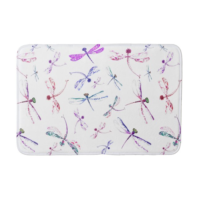 Watercolor Dragonflies Pink Lavender Blue White Bath Mat (Front)