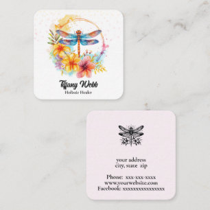 Watercolor dragonfly and flowers square business card