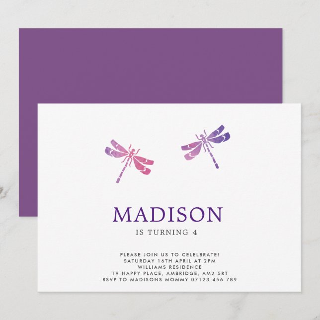 Watercolor Dragonfly Birthday Party Invitation (Front/Back)