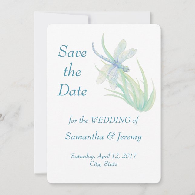 Watercolor Dragonfly Blue Green Save the Date (Front)