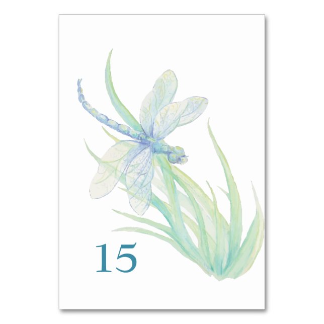 Watercolor Dragonfly Blue Green Table Card Wedding (Front)
