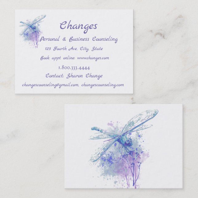 Watercolor Dragonfly Changes Counseling Service Business Card (Front/Back)