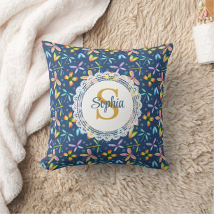 Watercolor Dragonfly Floral & Monogram Navy Blue Throw Pillow