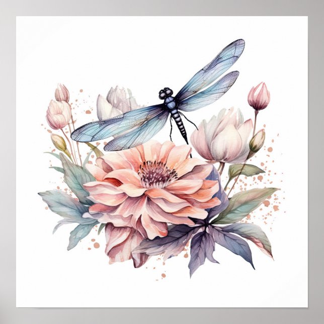 Watercolor Dragonfly & Flowers Poster (Front)