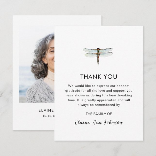 Watercolor Dragonfly Funeral Photo Merci (Devant / Derrière)