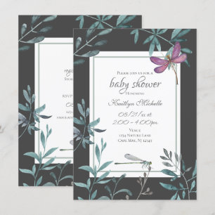 Watercolor Dragonfly Garden Greenery Baby Shower Invitation