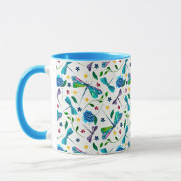 Watercolor Dragonfly Garden on White Custom Colour Mug