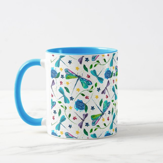 Watercolor Dragonfly Garden on White Custom Colour Mug (Left)