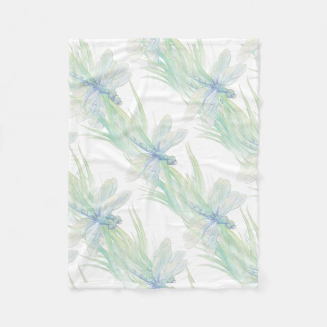 Watercolor Dragonfly in Soft Blues & Green art Fleece Blanket (Front)