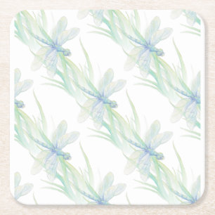 Watercolor Dragonfly in Soft Blues & Green art Square Paper Coaster