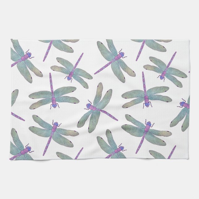 Watercolor Dragonfly Pattern Kitchen Towel (Horizontal)
