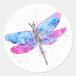 Watercolor dragonfly pink blue classic round sticker