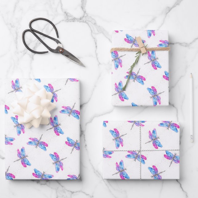 Watercolor dragonfly pink blue classic  wrapping paper sheet (Front)