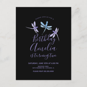 Watercolor Dragonfly Purple Black Birthday Party Postcard