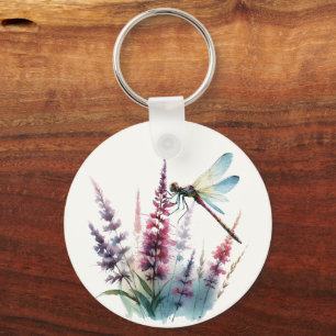 Watercolor Dragonfly Purple Wildflower Nature Art Keychain
