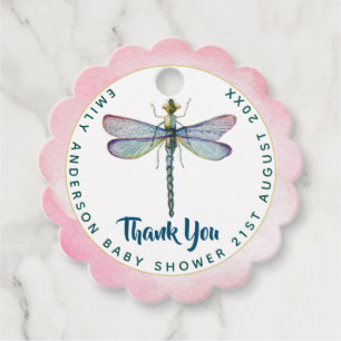 Watercolor DRAGONFLY Thank You Baby Shower PinkBlu Favour Tags