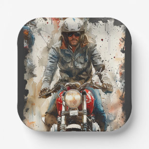 Watercolor drawing MotoBikers Paper Plate