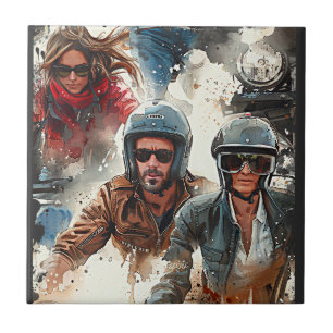 Watercolor drawing MotoBikers Tile