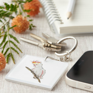 Watercolor drawing of a cockatoo parrot keychain